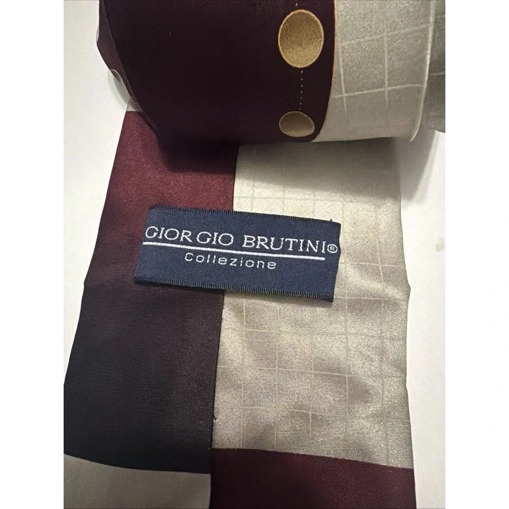 Giorgio Brutini Collezione Mens Silk Tie Burgundy Grey Geometric Grid Formal 4in